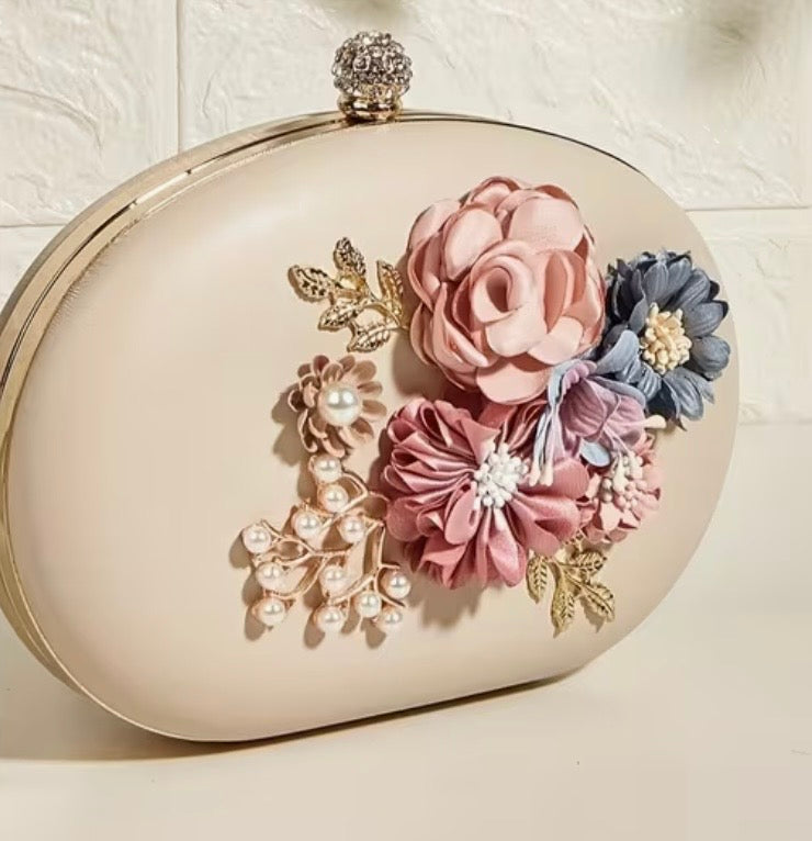 Soft Petal Sparkling Clutch Floral Beige Purse