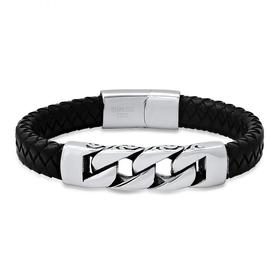 Men's Monaco Black Braided Leather and Stainless Steel Bracelet