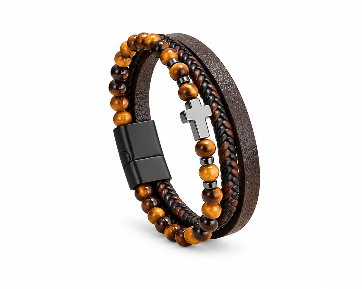 Men's Terra Pulse, Brown Leather Stainless Steel Layered Bracelet