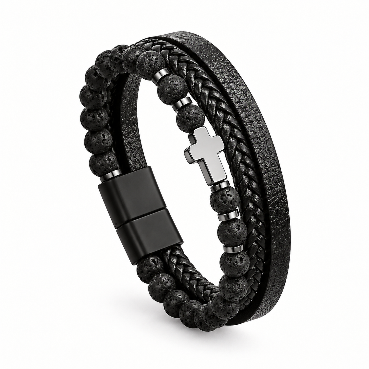 Men's Terra Pulse, Black Leather Stainless Steel Layered Bracelet