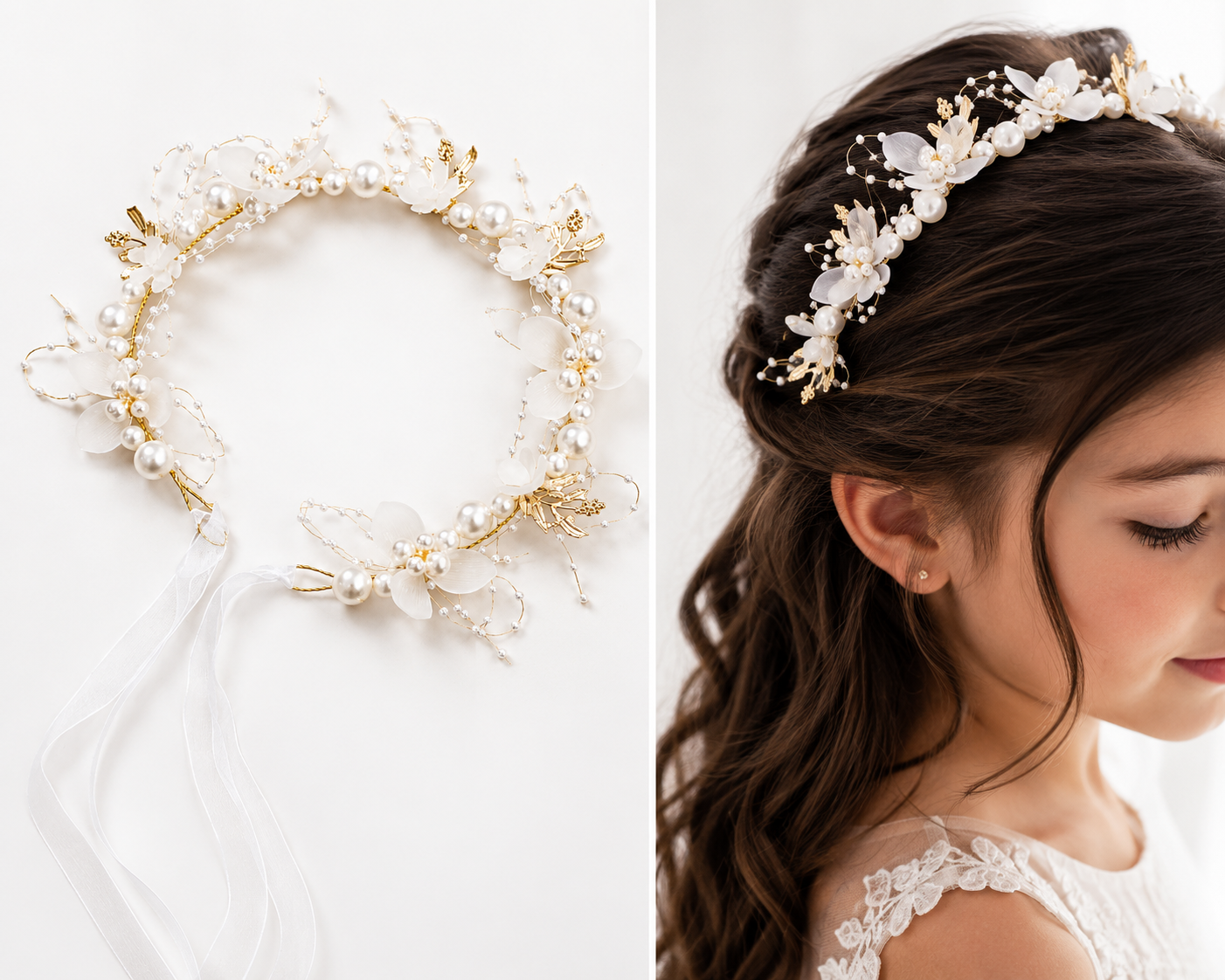 Flower Crown Headband Hair Accessory, White and Gold