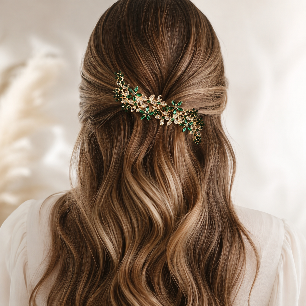 Dark Green Floral Hair Pin, With Sparkling Rhinestone