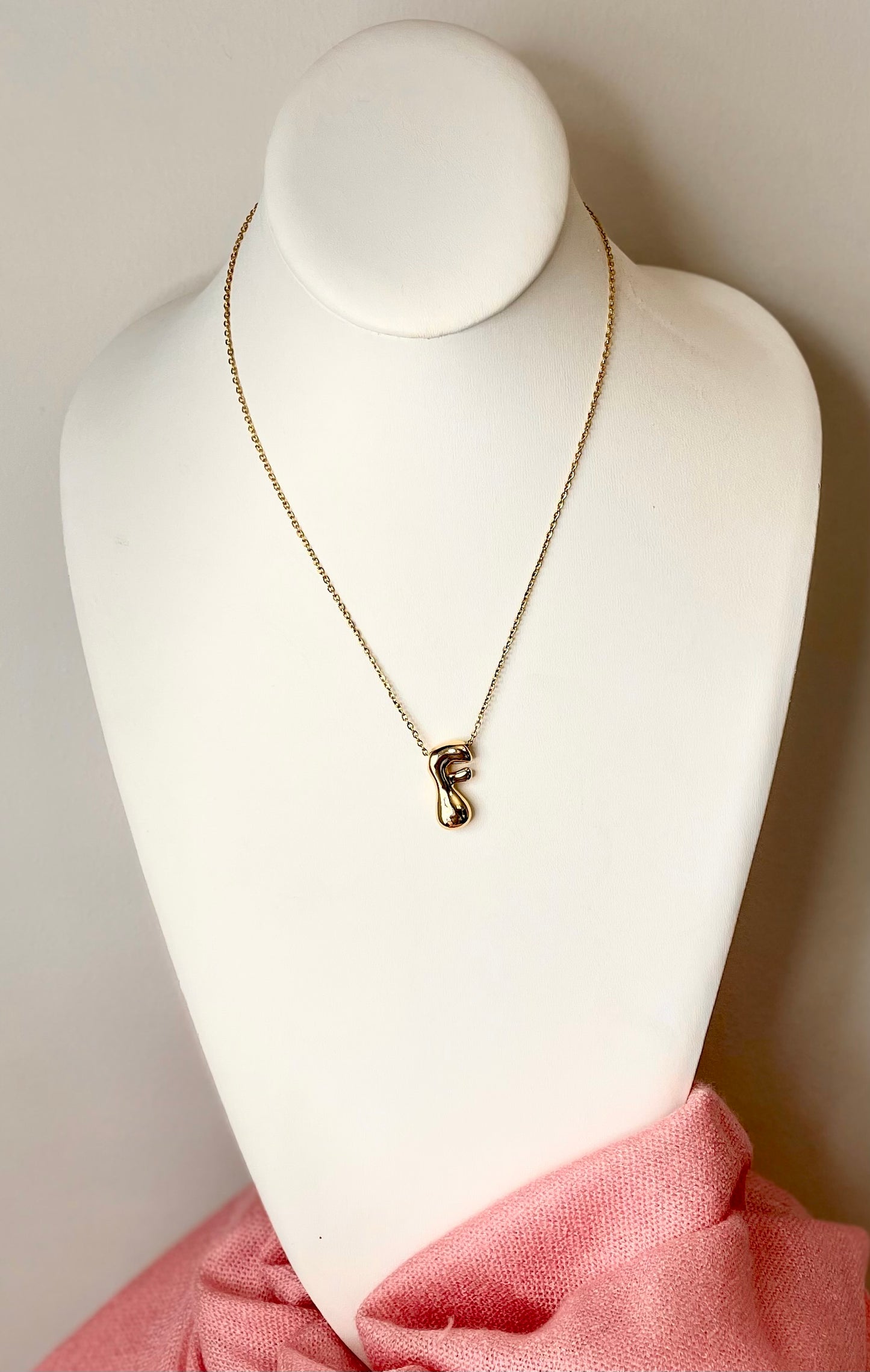 Bubble Initial Letter F, Stainless Steel Gold Plated 18K Necklace.