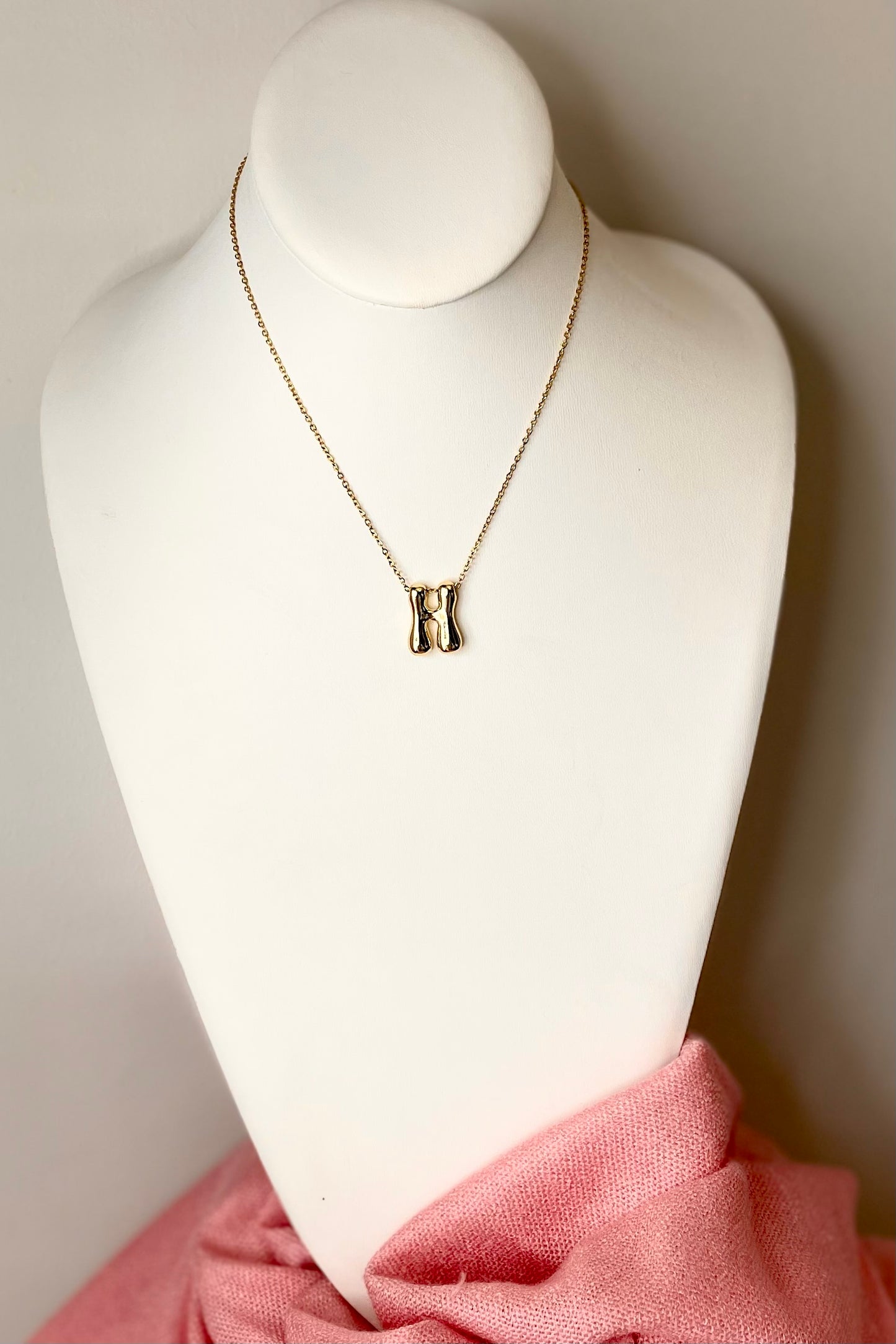 Bubble Initial Letter H, Stainless Steel Gold Plated 18K Necklace.