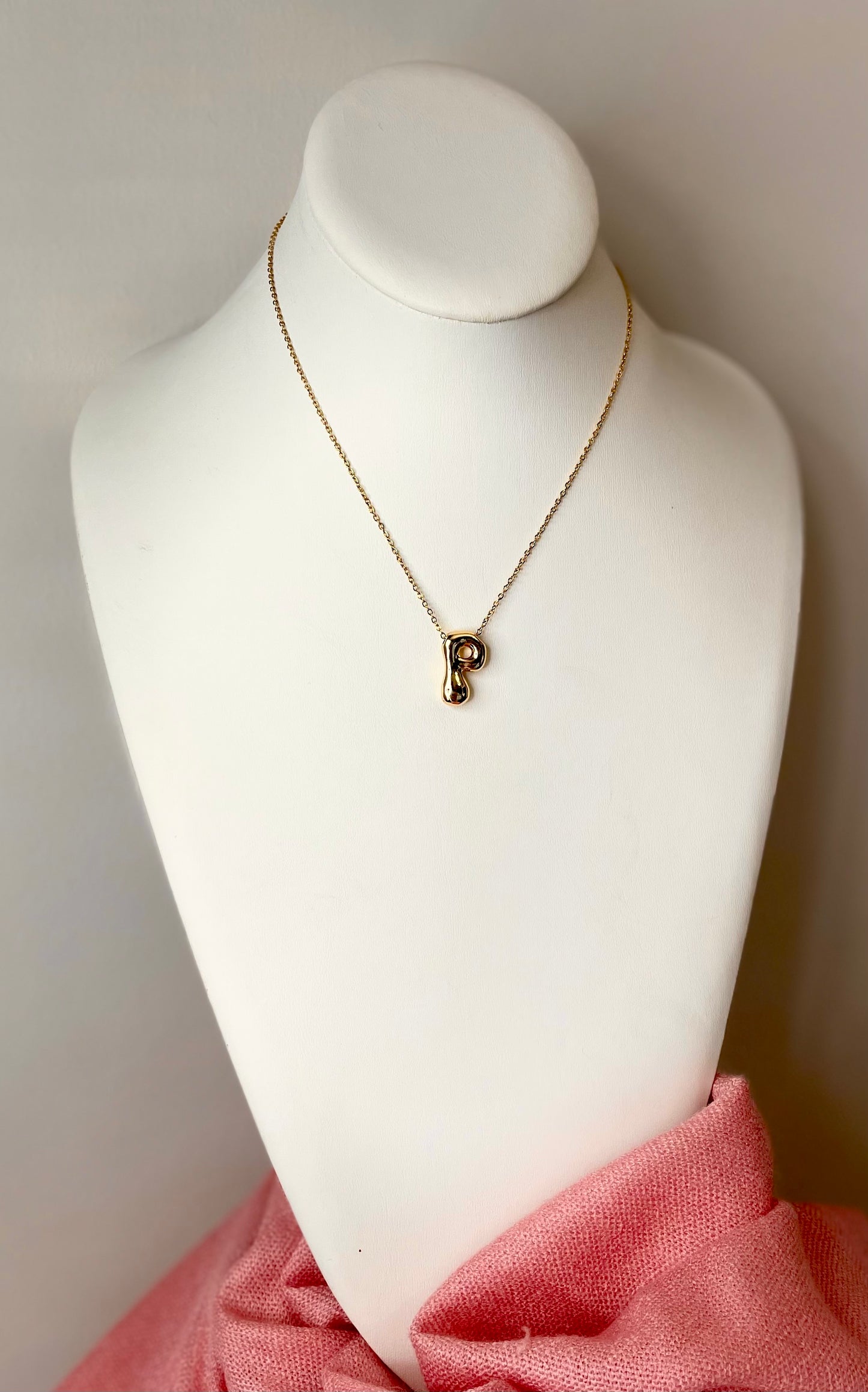 Bubble Initial Letter P, Stainless Steel Gold Plated 18K Necklace.