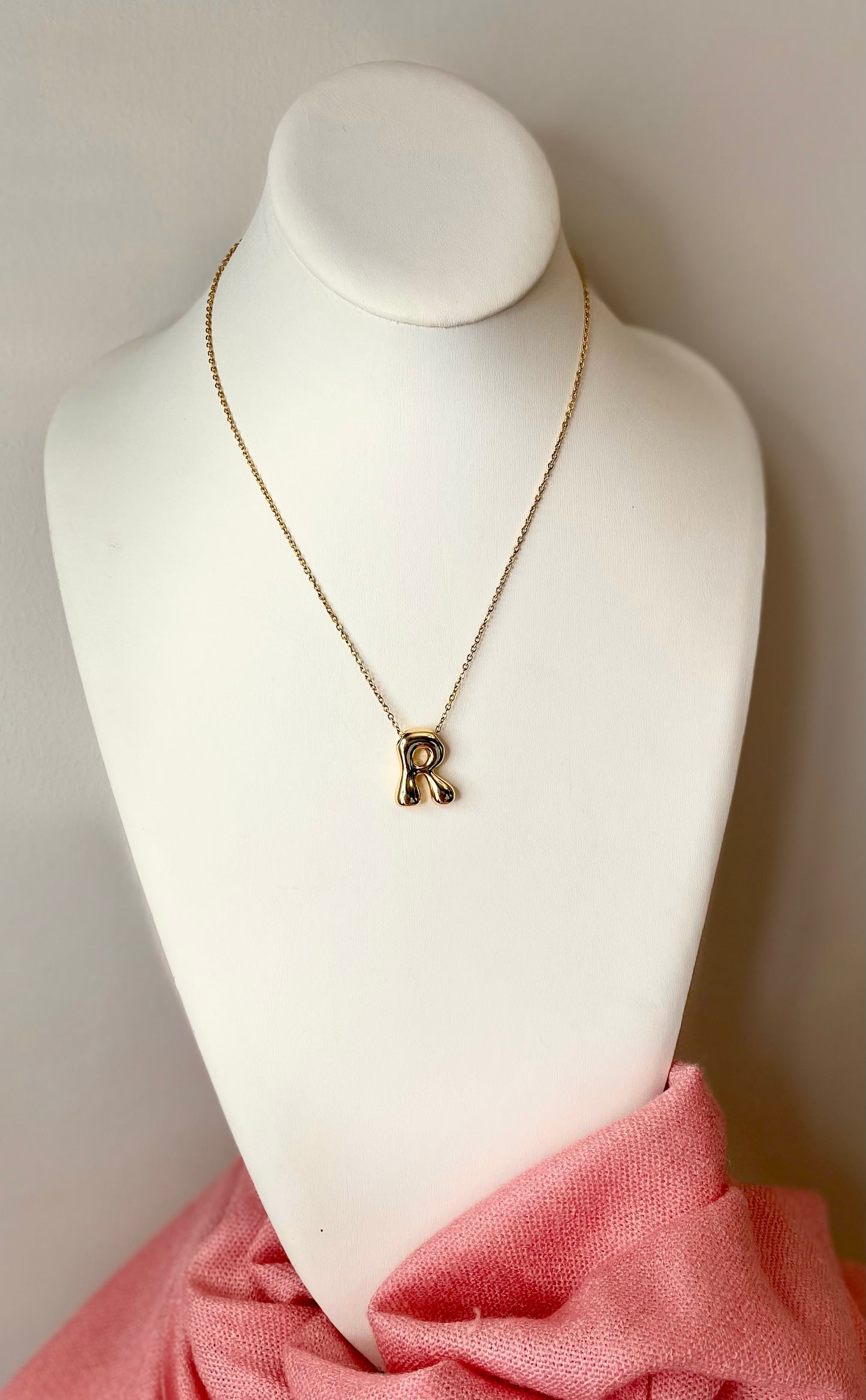 Bubble Initial Letter R, Stainless Steel Gold Plated 18K Necklace.