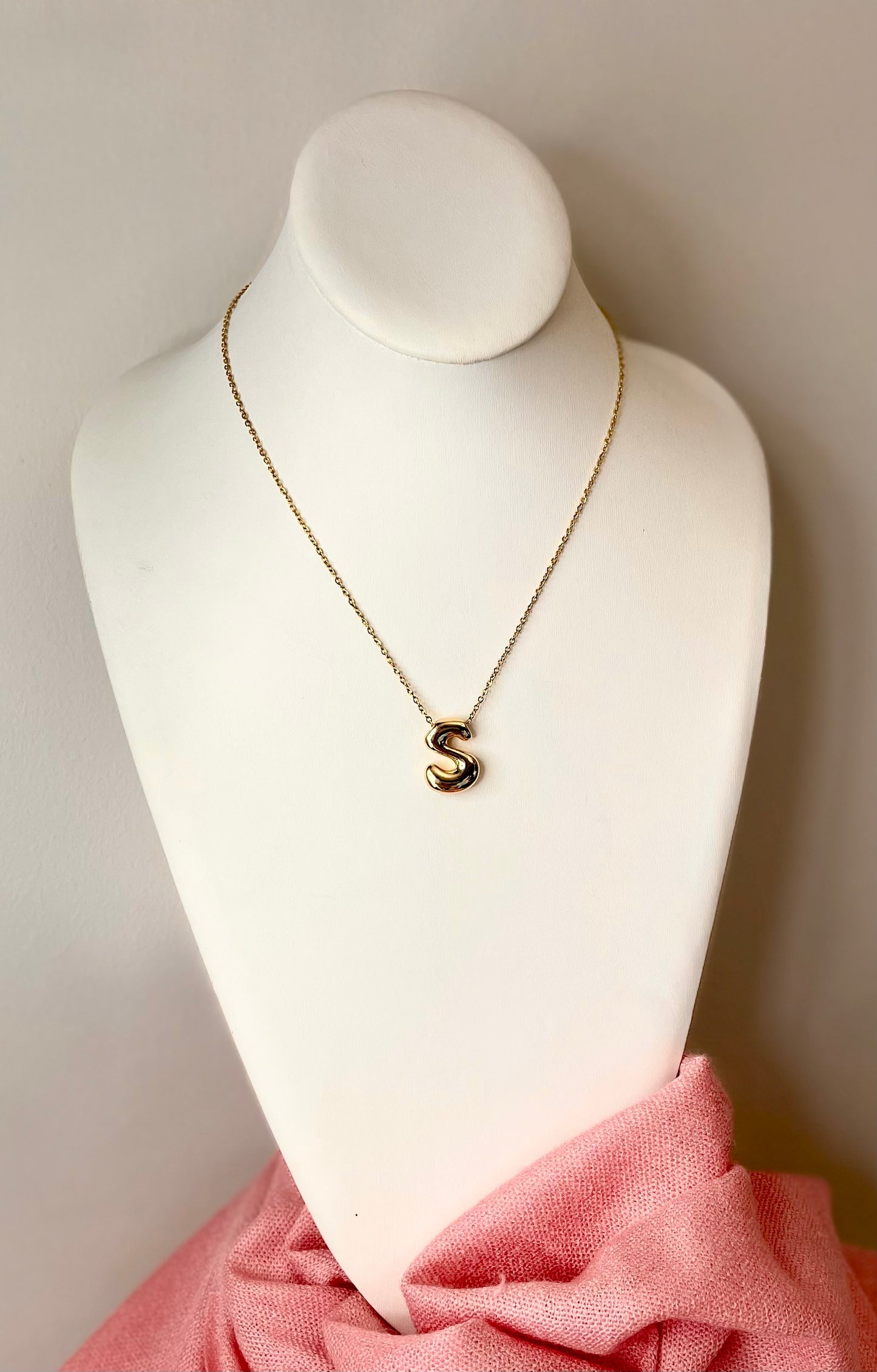 Bubble Initial Letter S, Stainless Steel Gold Plated 18K Necklace.