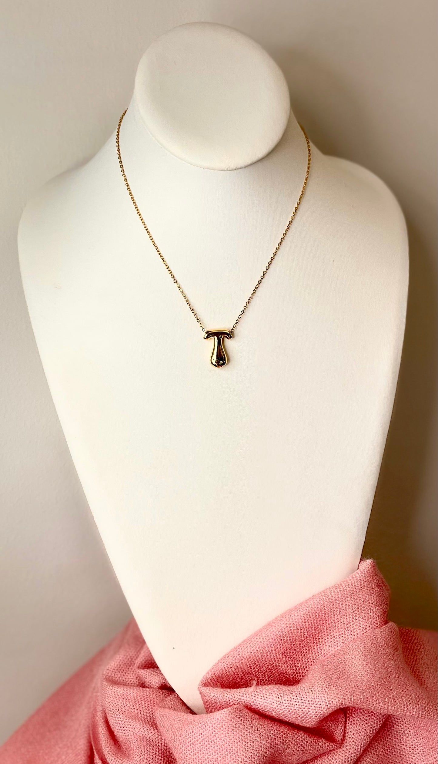 Bubble Initial Letter T, Stainless Steel Gold Plated 18K Necklace.
