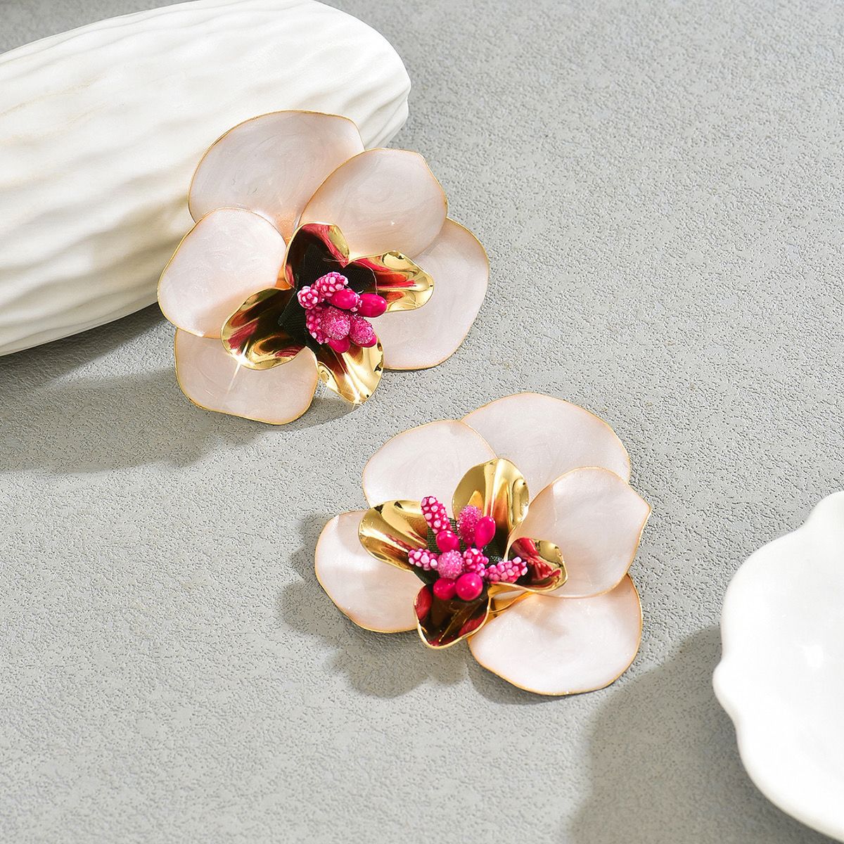 Petal Kiss White and Fucsia Rose Earrings