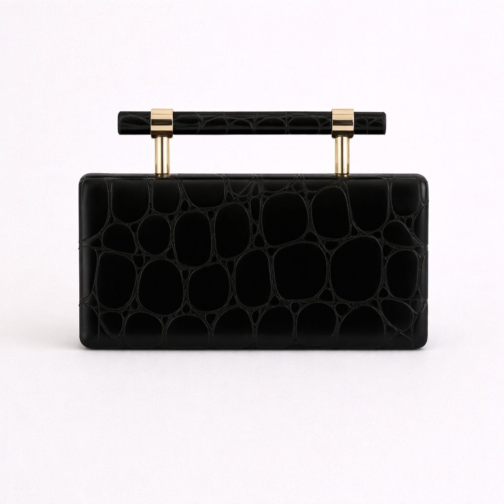 Imperial Black Clutch, Shaped Handbag, Single Shoulder Slant With Chain Closure Cotton Lining