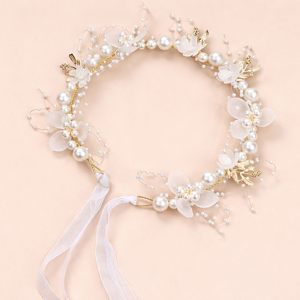 Flower Crown Headband Hair Accessory, White and Gold