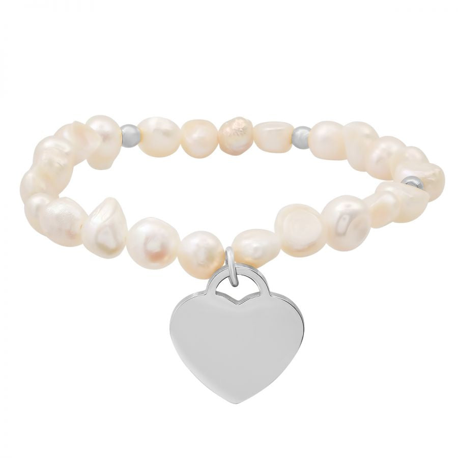 Freshwater Pearls Stainless Steel Silver Heart Shape Charm, Stretch Bracelet.