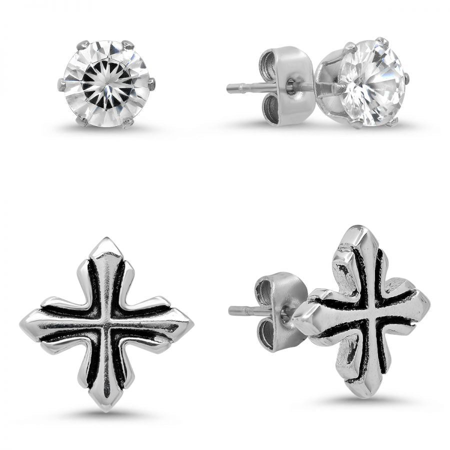 Urban Legend Stainless Steel Cross and Simulated Diamonds Stud Earrings Set