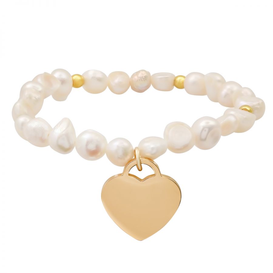 Freshwater Pearls and 18K Gold Plated Stainless Steel Heart Shape Charm, Stretch Bracelet.