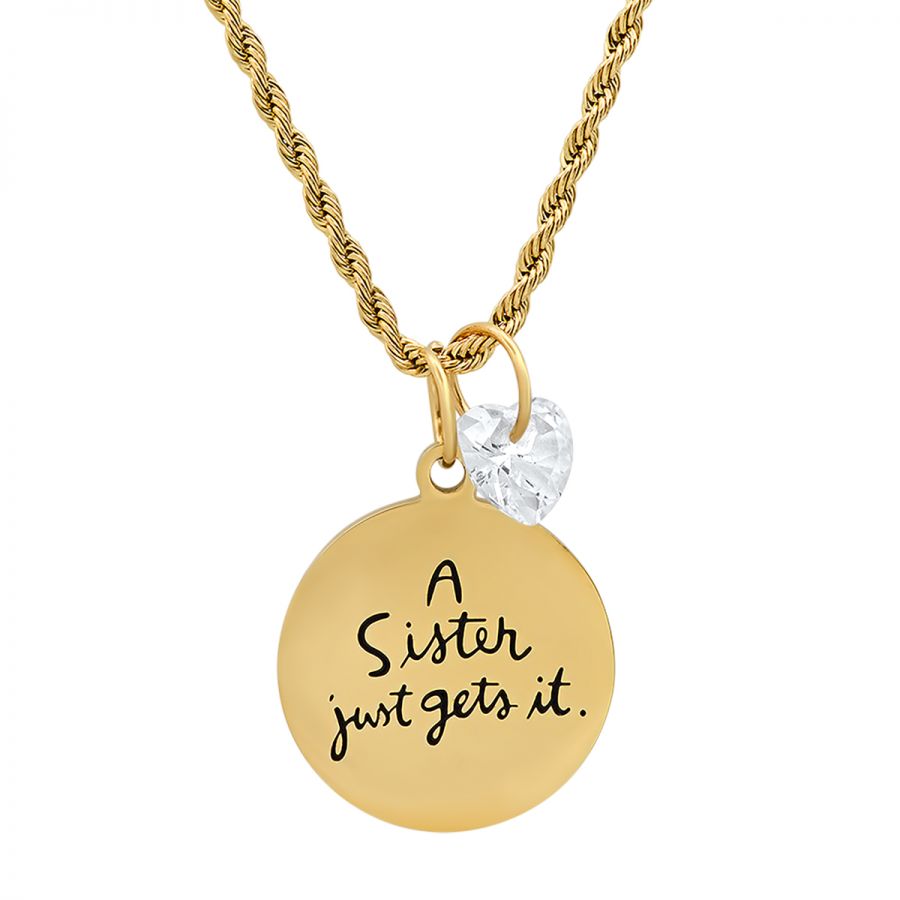 Sister Love, Round Pendant Adorned With Swarovski Heart Shape Crystal Charm Necklace