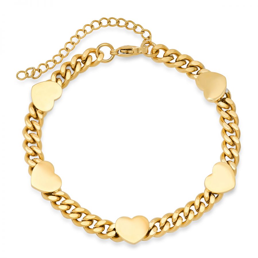 Pulsera de eslabones cubanos de acero inoxidable chapado en oro de 18 quilates Eleganza Suprema con dijes de corazón.