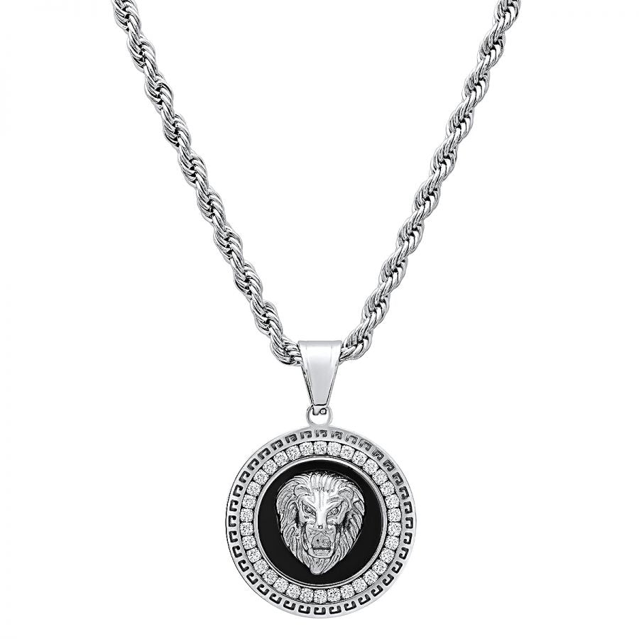 Men's Stainless Steel, Black Enamel and Simulated Diamonds Round Lion Pendant Necklace