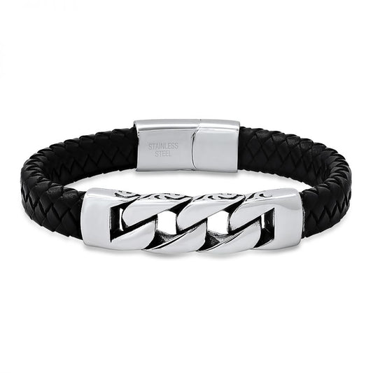 Men's Monaco Black Braided Leather and Stainless Steel Bracelet