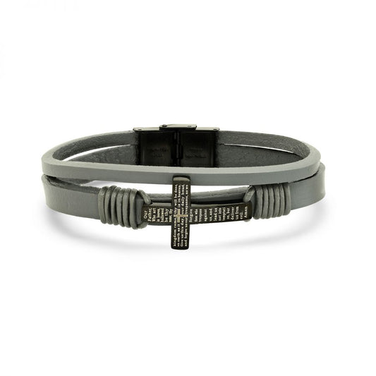Men's The Regent Gray Leather Stainless Steel Cross Bracelet