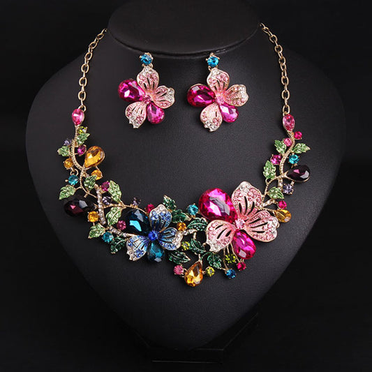 Wedding Season Gold Plated Colourful Flower Necklace and Earrings Set.