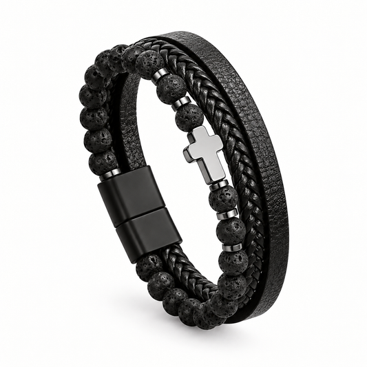 Men's Terra Pulse, Black Leather  Stainless Steel Layered Bracelet
