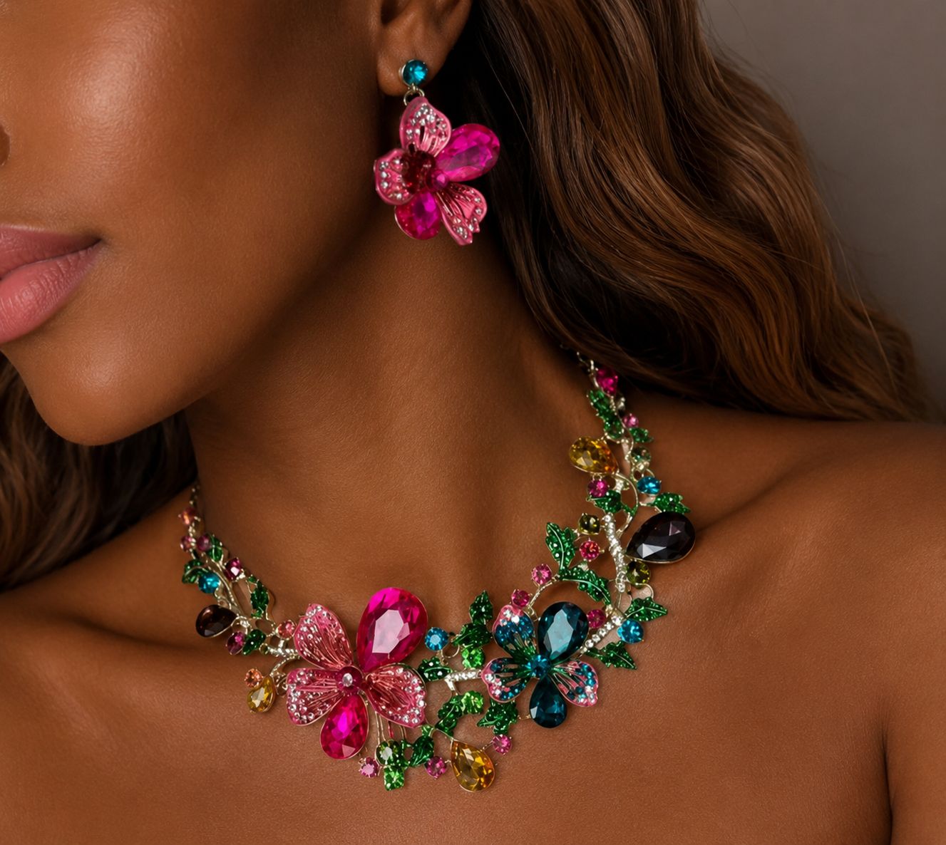 Wedding Season Gold Plated Colourful Flower Necklace and Earrings Set.