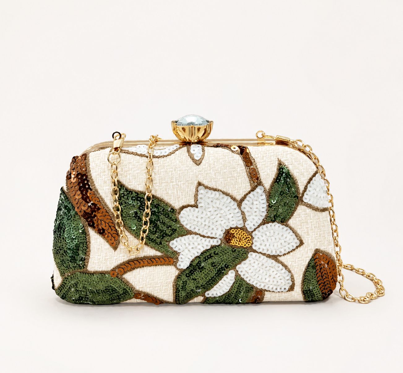 Olive Bloom Clutch  Sequin Embroidered Flower Purse