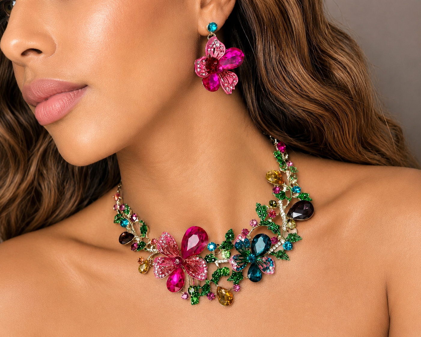 Wedding Season Gold Plated Colourful Flower Necklace and Earrings Set.