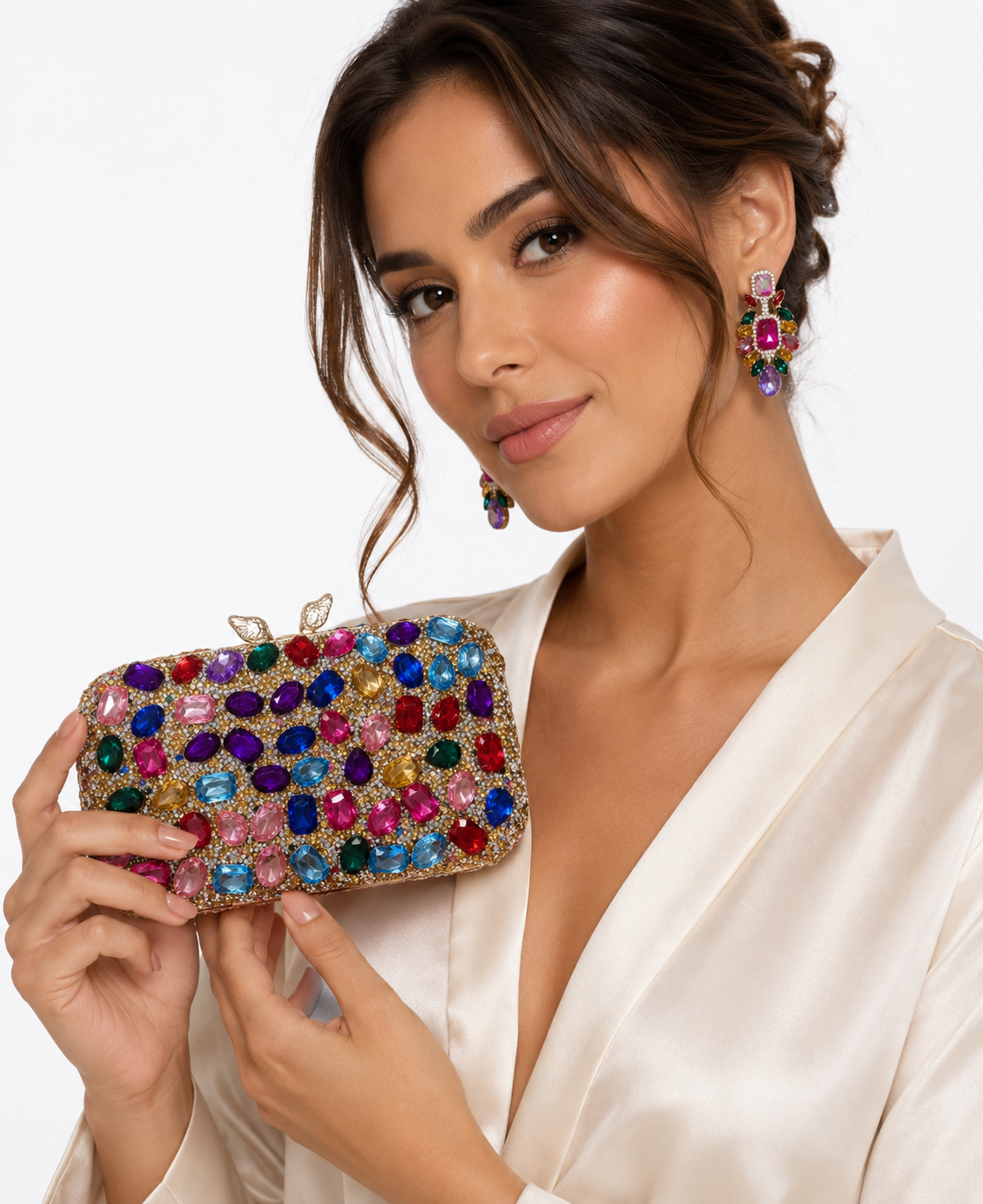 Fiesta Set, Colorful Gemstones,Matching Clutch and Earrings