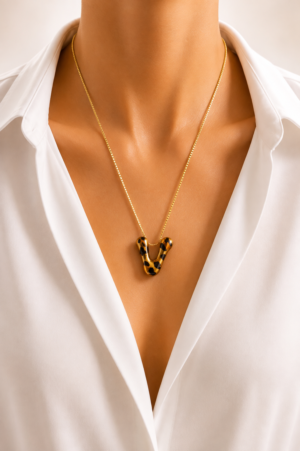 Bubble Initial V Animal Print Necklace