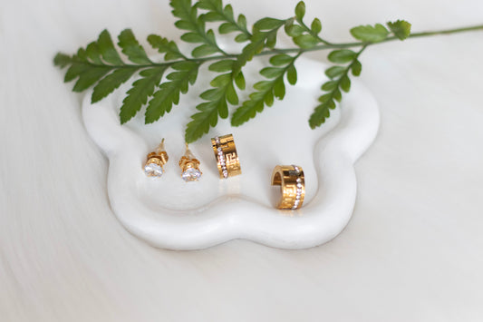 Regal Radiance Gold Plated Stainless Steel Set Of 2 Huggie Earrings.