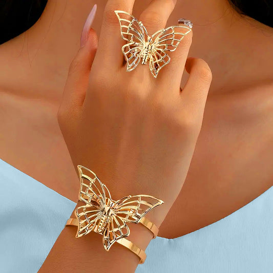 Gold Plated 18K Stainless Steel Butterfly Bracelet and One Size Ring Set.