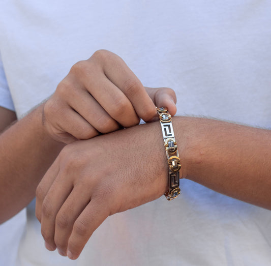 Men's Versace Style, Stainless Steel Two Tones White and Yellow Bracelet.