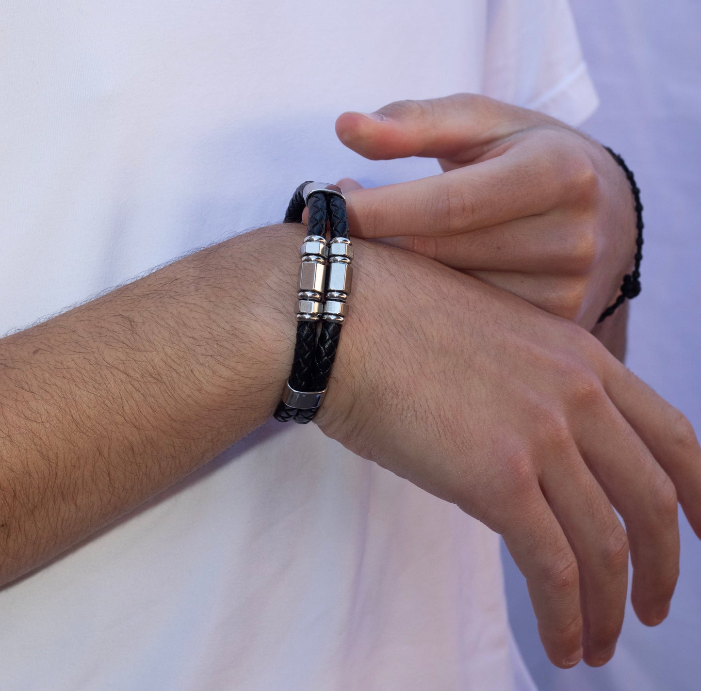 Men's Esencia, Braided Black Leather  and Stainless Steel Accents Bracelet.