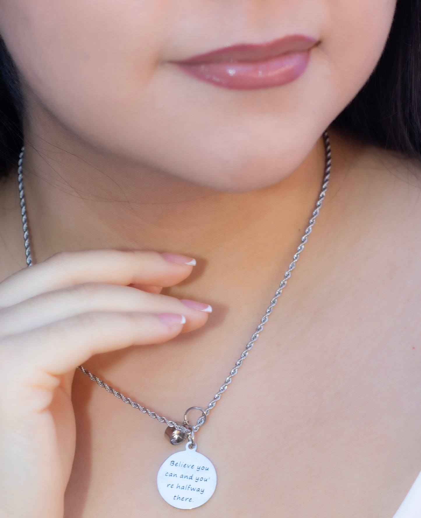 "Believe You Can" Round Pendant Adorned with Swarovski Crystal Charm Necklace.