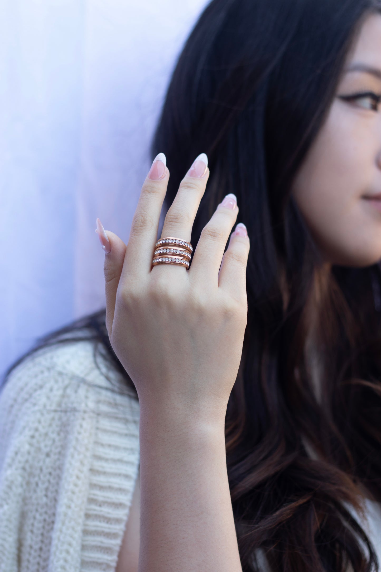 Shining Joy 18k Rose Gold Plated Stainless Steel 3 Ring Set With Simulated Diamonds.