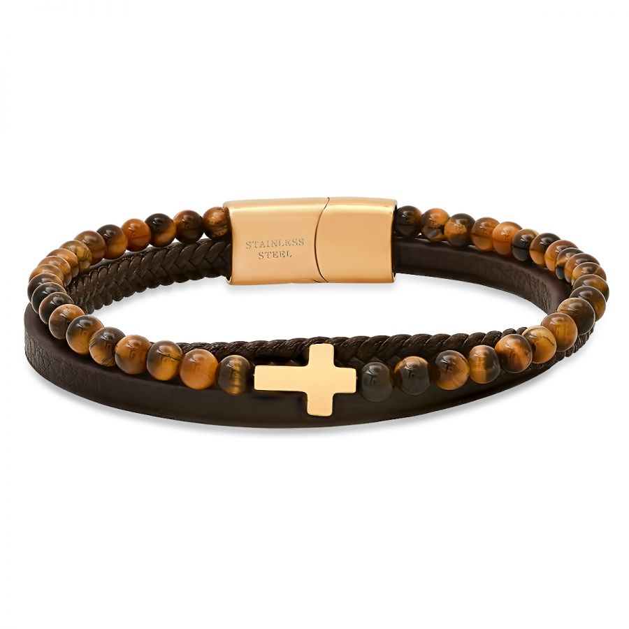 Men's Terra Pulse, Brown Leather  Stainless Steel Layered Bracelet