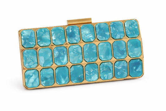 Light Blue Radiance Clutch, Pearl- Effect Panel Design, Gold -Tone Metal Frame, Removable Chain Strap