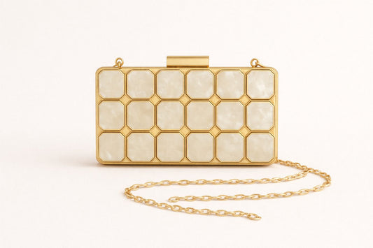 Ivory Radiance Clutch,Pearl-effect panel design, Gold-tone metal frame, Removable Chain Strap
