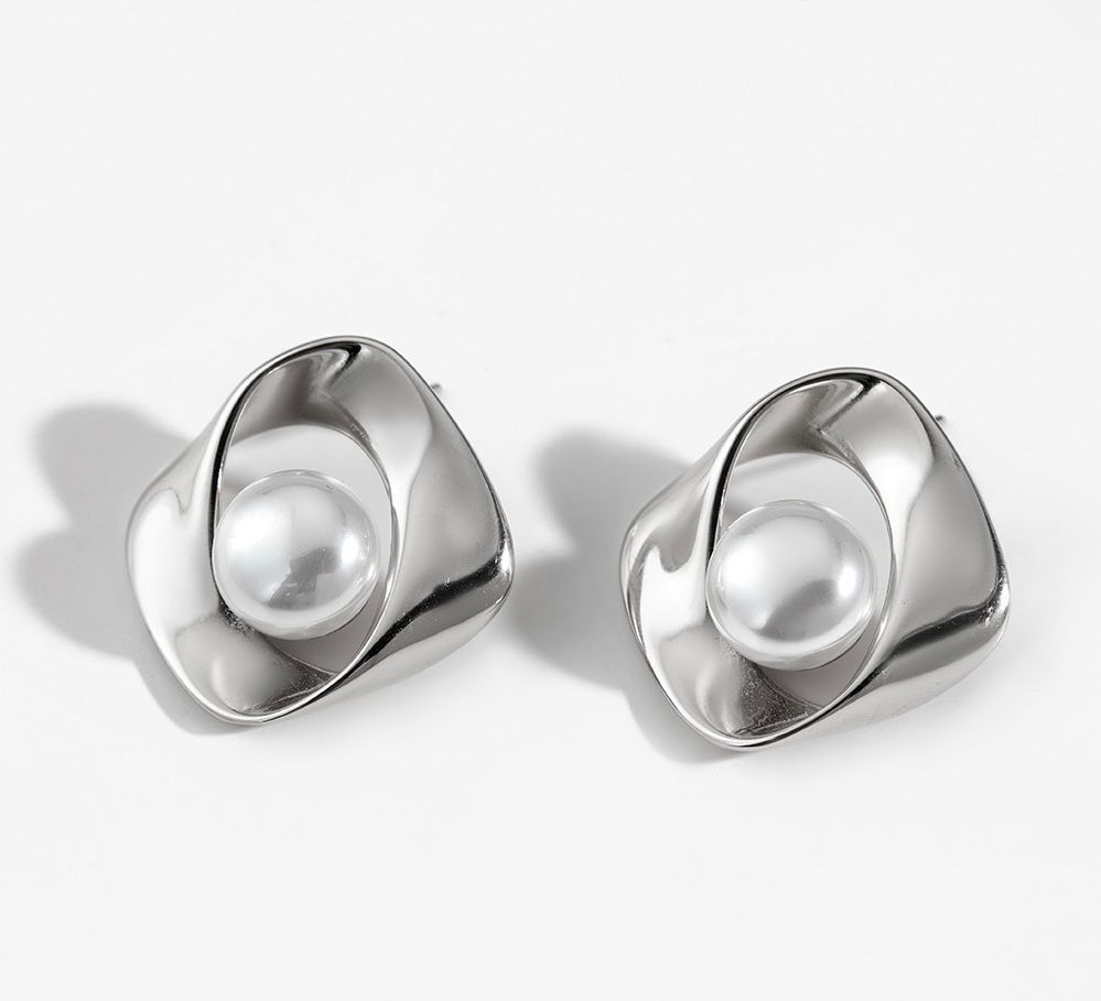 Forever Us Stainless Steel Silver Pearl Earrings