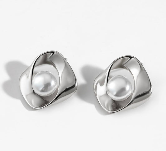 Forever Us Stainless Steel Silver Pearl Earrings