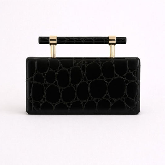 Imperial Black Clutch, Shaped Handbag, Single Shoulder Slant With Chain Closure Cotton Lining