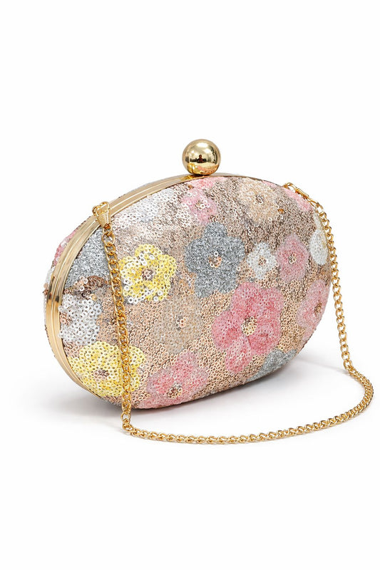 Sequin Evening Bag, Egg-Shaped, Double Faced Floral, Elegant Metal Chain Shoulder Strap