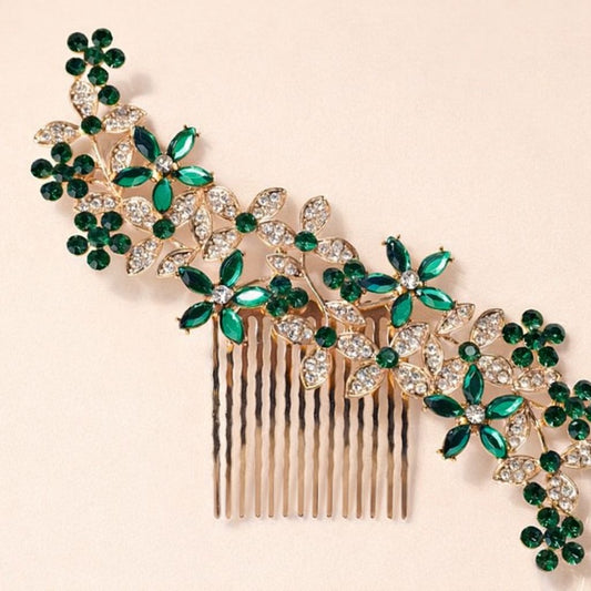 Dark Green Floral Hair Pin, With Sparkling Rhinestone