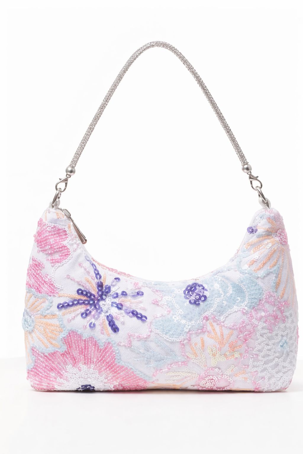 Sequined White Floral Embroidered Handbag