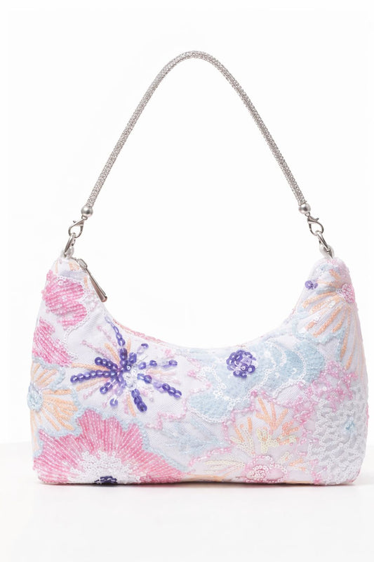 Sequined White Floral Embroidered Handbag