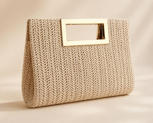 Soft Beige Elegant Striped Woven Clutch