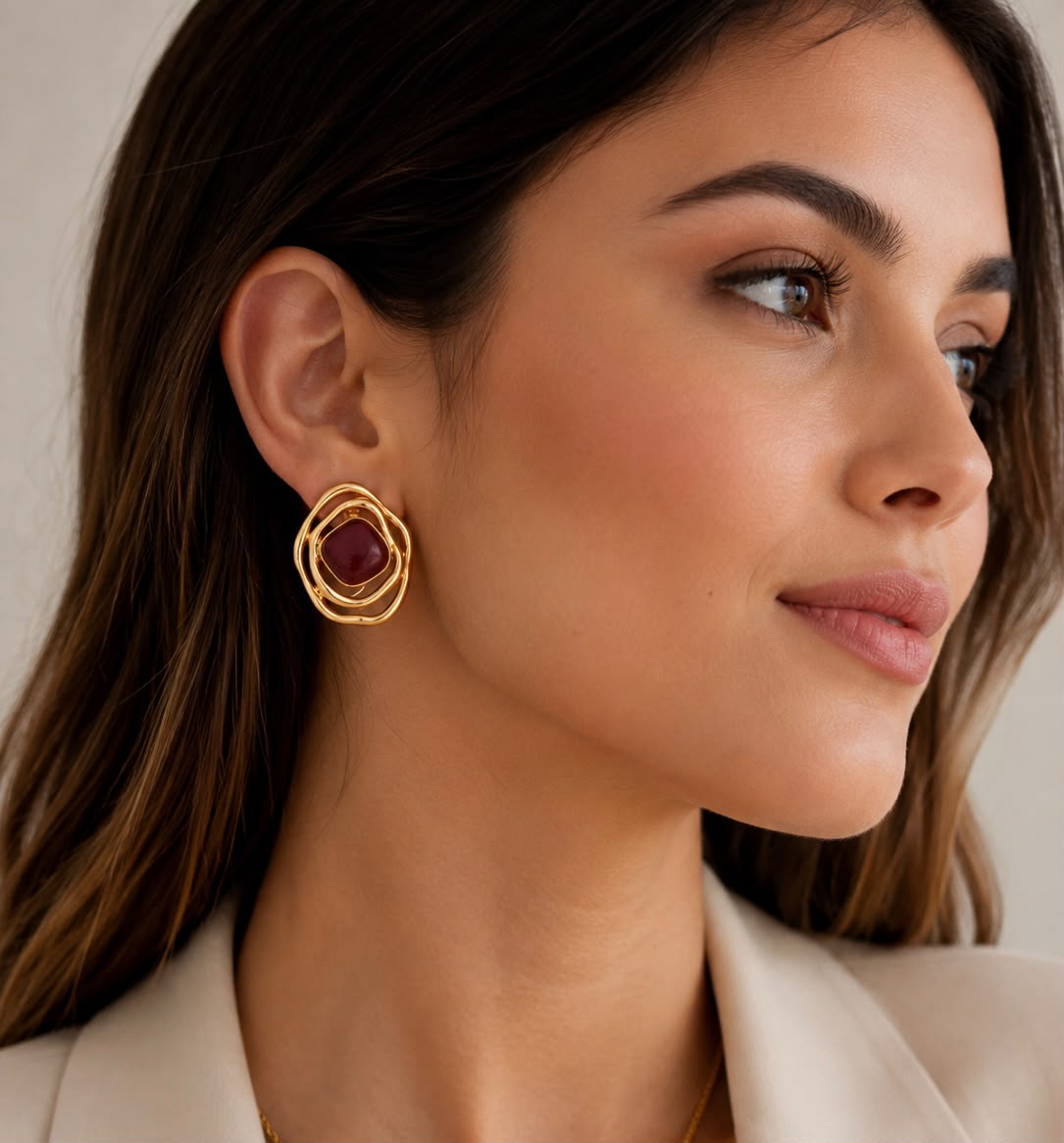 Mercedes Stainless Steel Red Stud Earrings