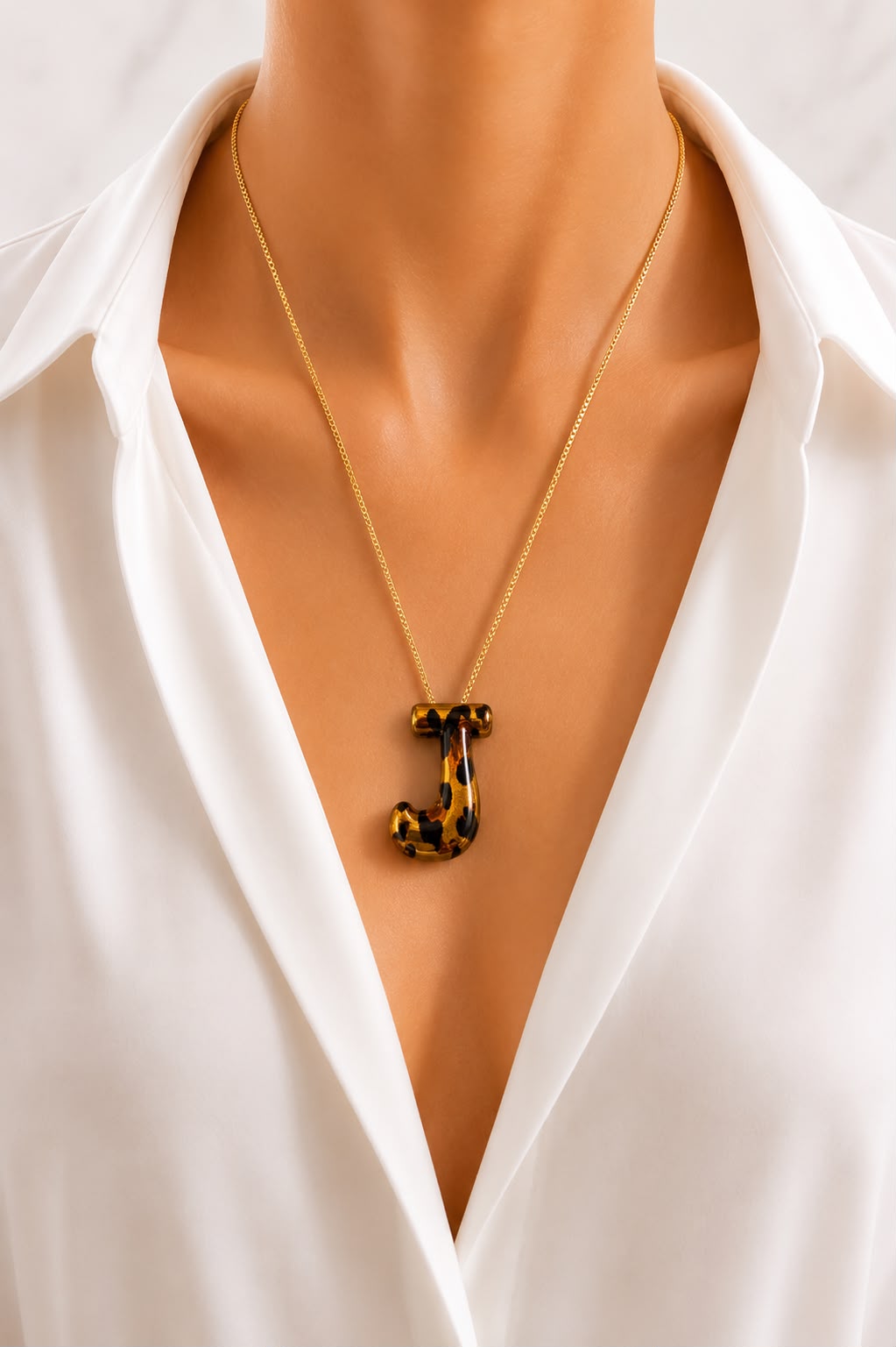 Bubble Initial J Animal Print Necklace