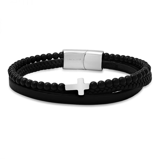Men's Terra Pulse, Black Leather  Stainless Steel Layered Bracelet